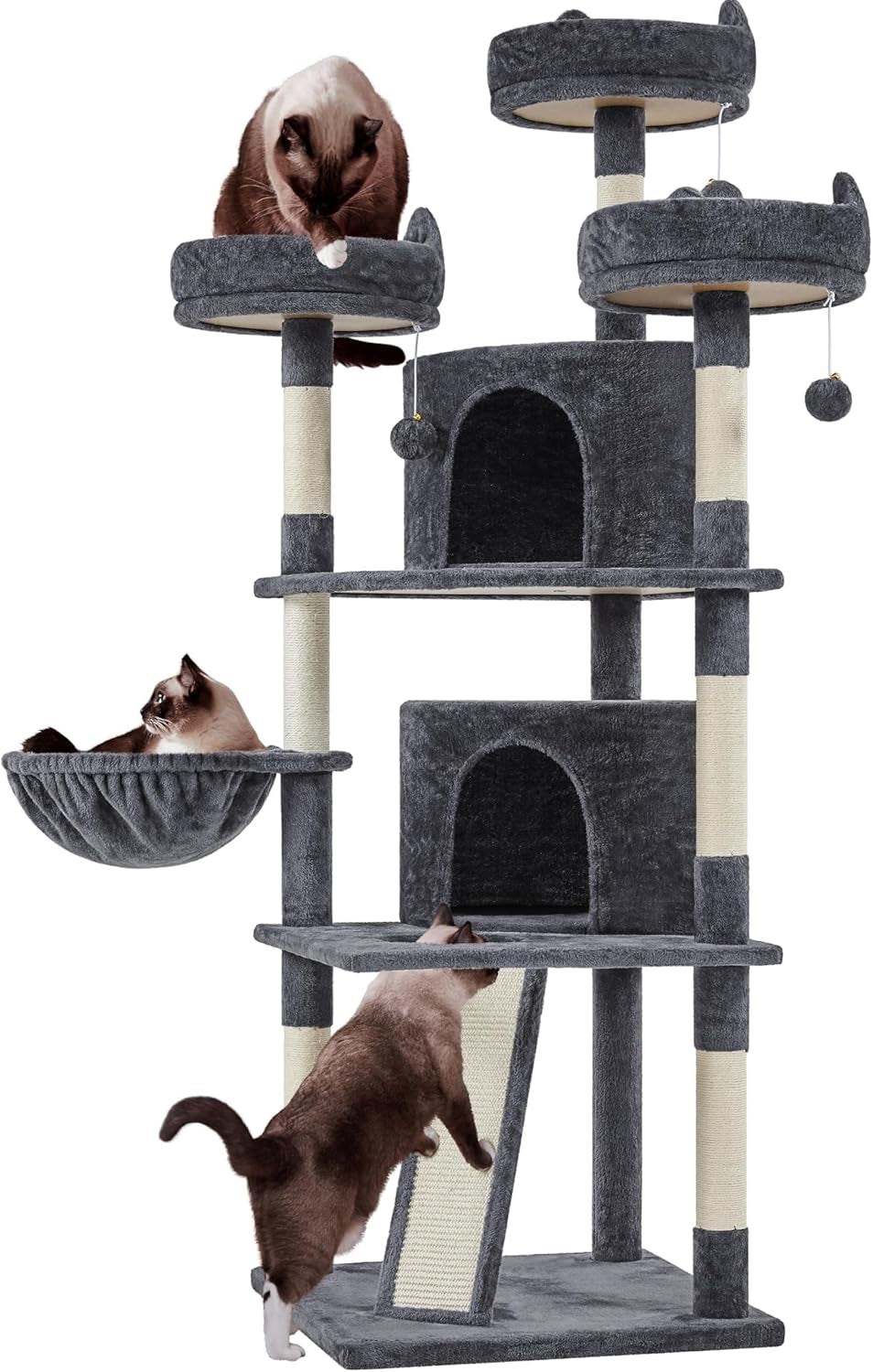 68.5In Multi-Level Large Cat Condo with Sisal-Covered Platforms Scratching Board & Scratching Posts, Cozy Perches, Stable Cat Tower/Tree Pet Play House, Dark Gray