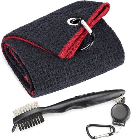 Microfiber Waffle Pattern Tri-Fold Golf Towel | Brush Tool Kit with Club Groove Cleaner, Retractable Extension Cord and Clip