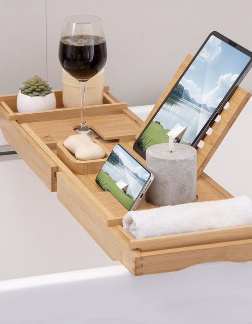 Load image into Gallery viewer, Bamboo Bathtub Caddy Tray - Expandable to 41 Inches with Book Stand, Soap Holder &amp; Anti-Slip Pads for Luxury Bath Spa, Natural

